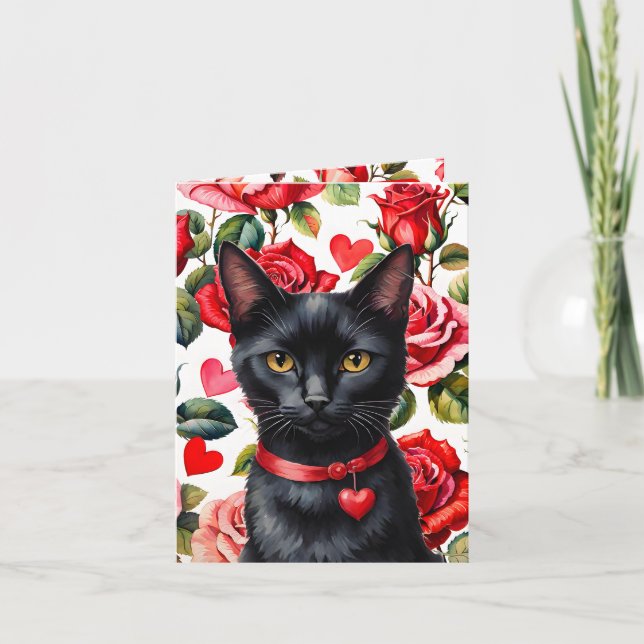 Black Cat Maximalist Roses & Hearts Pun Valentine Karte (Vorderseite)