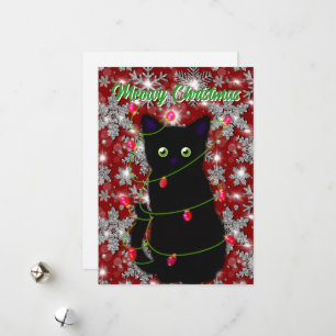 Black cat Meowa Weihnachts-Tinkellichter Schneeflo Feiertagskarte