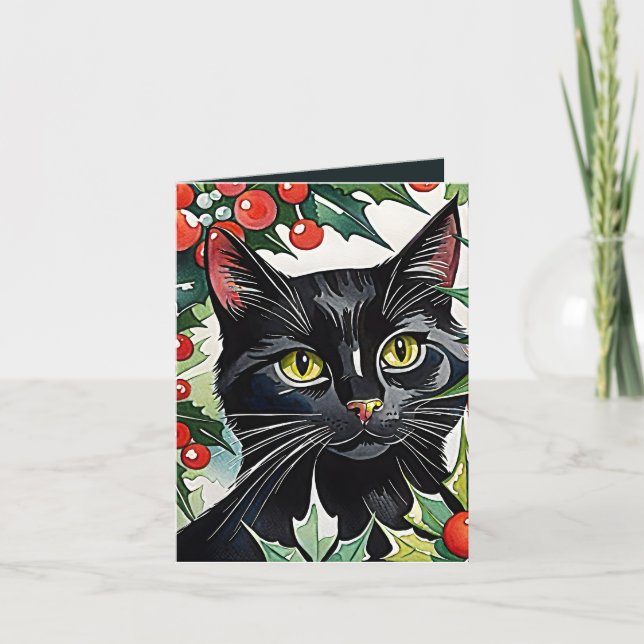 Black Cat Meowy Christmas Watercolor Card Dankeskarte (Vorderseite)