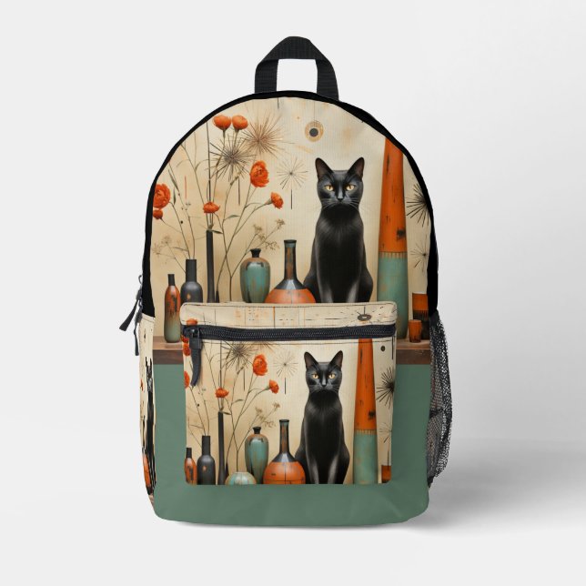 Black Cat Mid Century Mod Türkis Black Orange Bedruckter Rucksack (Vorderseite)