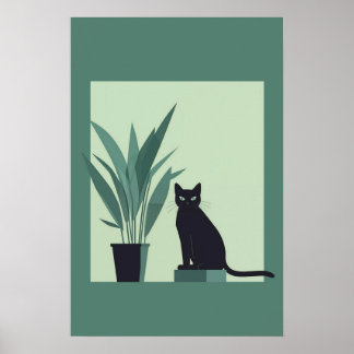 Black Cat Minimalist Wall Art Modern Green Botanic Poster
