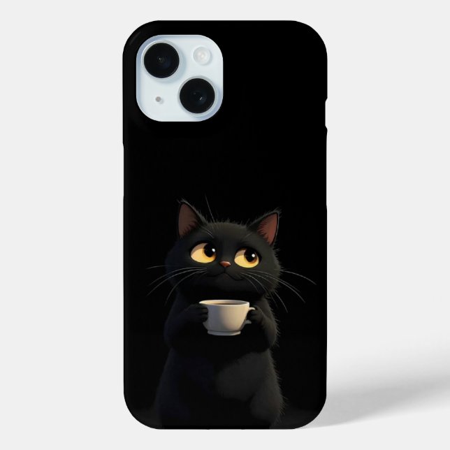 Black Cat mit Coffee Tasse Funny iPhone Case (Rückseite)
