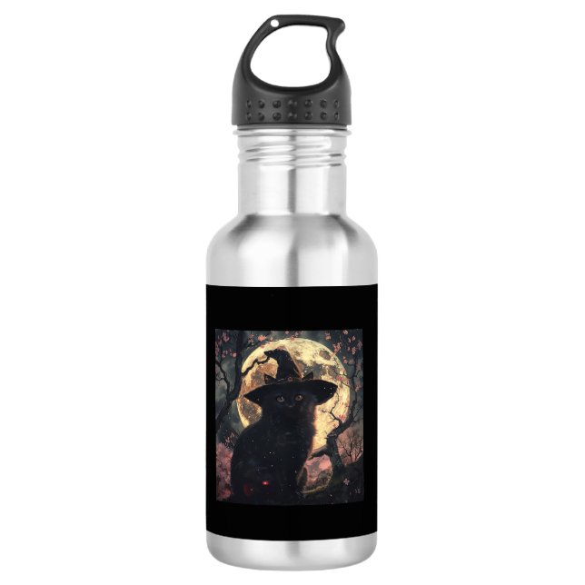 Black Cat mit Hexenhut Halloween Edelstahlflasche (Vorderseite)