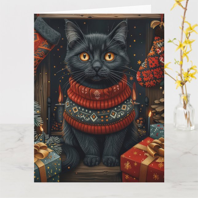 Black Cat mit Weihnachtsgeschenken Feuerplatz Karte (Gelbe Blume)