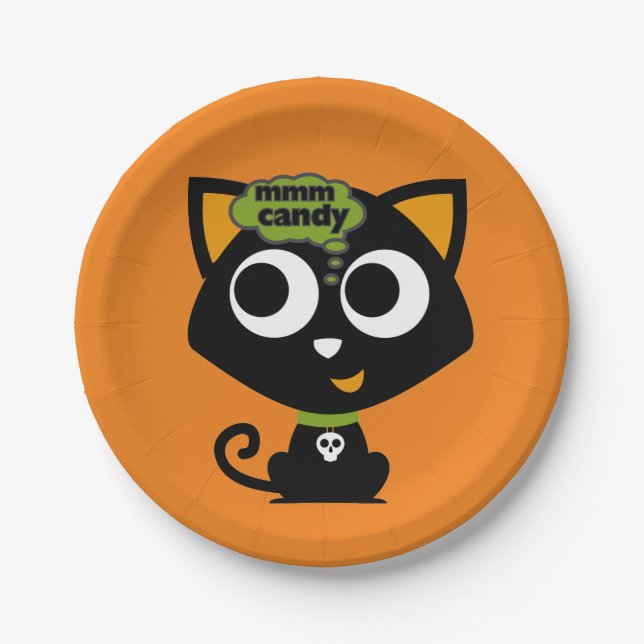 Black Cat Mmm Candy Halloween Pappteller (Vorderseite)