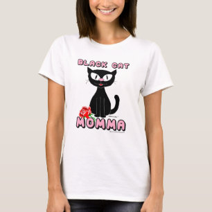 BLACK CAT MOMMA Lächelnder Cartoon Katze mit Rote  T-Shirt
