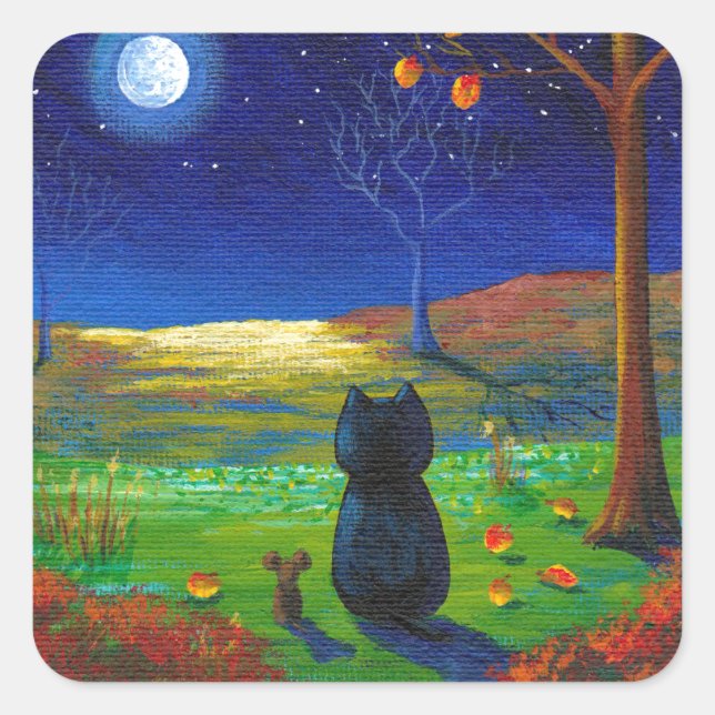 Black Cat Moon Herbstlaube Creationarts Quadratischer Aufkleber (Vorderseite)