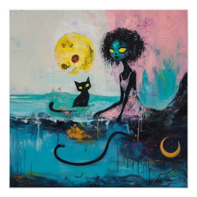Black Cat Moon Magical Hexy AI Art Matt Value Poster (Vorderseite)