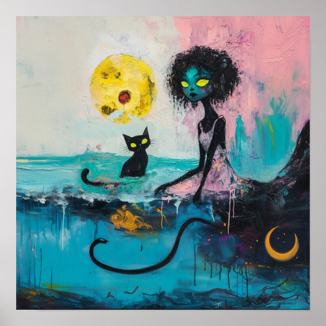 Black Cat Moon Magical Hexy AI Art Semi Gloss Poster (Vorne)