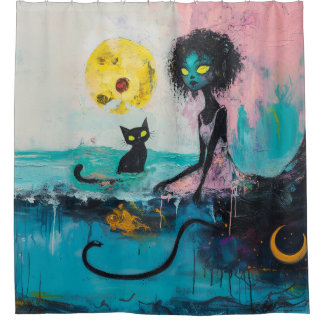 Black Cat Moon Ocean Pink Magical Hexe Kunst Duschvorhang