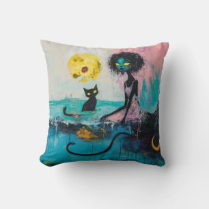 Black Cat Moon Ocean Pink Magical Hexe Kunst Kissen