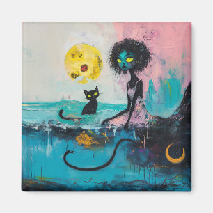 Black Cat Moon Ocean Pink Magical Hexe Kunst Magnet