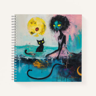 Black Cat Moon Ocean Pink Magical Hexe Kunst Notizbuch