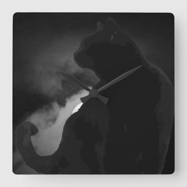 Black Cat Moonlight Silhouette Quadratische Wanduhr (Vorderseite)