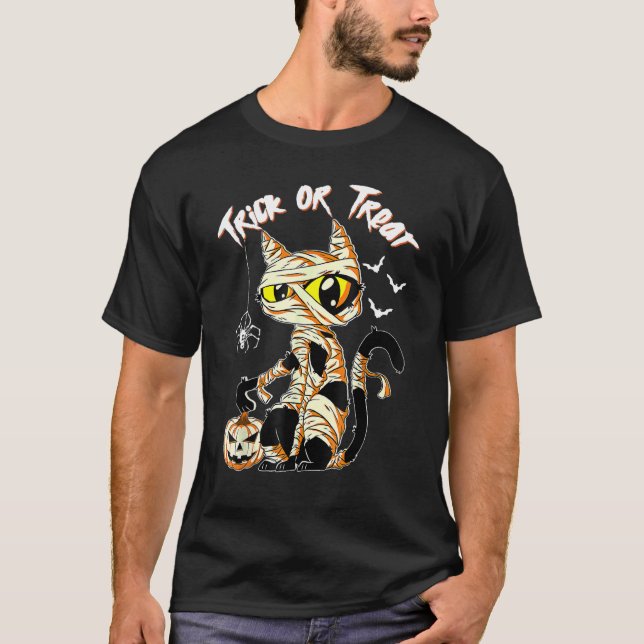 Black Cat Mummy Halloween Kostümtrick oder Treat B T-Shirt (Vorderseite)