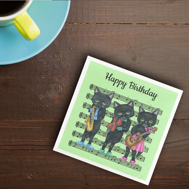 Black Cat Musicians Colorful Shoes Musiknoten Serviette (Black Cats on music notes playing instruments on light green Birthday paper party napkins.)