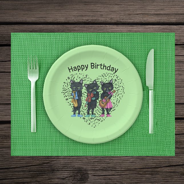 Black Cat Musicians Instruments Musiknote Herz Pappteller (Black cat musicians playing instruments on heart of music notes on light green Birthday paper plates)