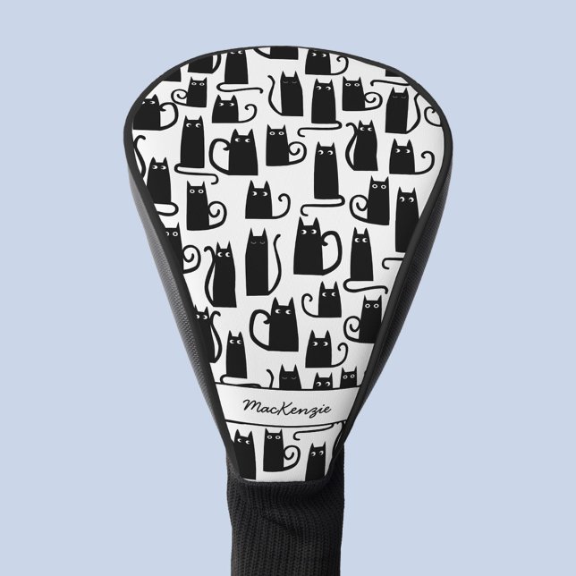 Black Cat Muster Name Golf Head Cover Headcover (Black and white personalized name black cat golf head cover)