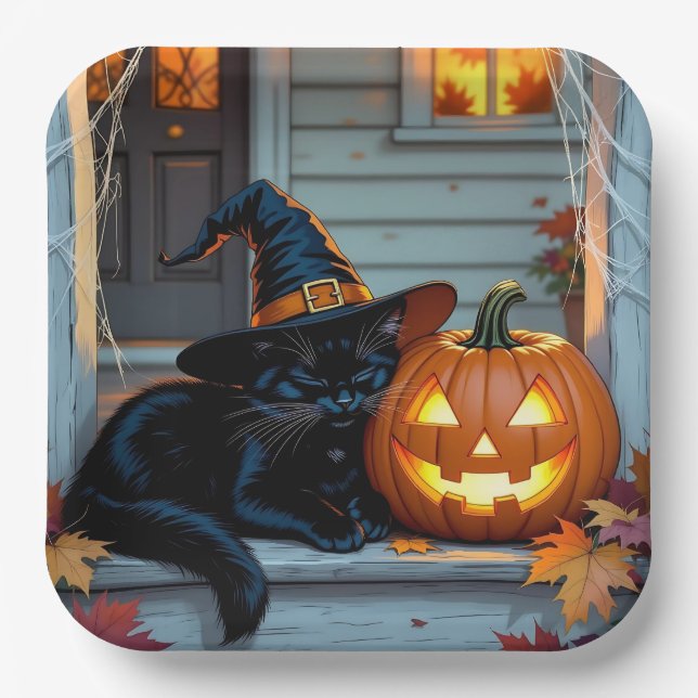 Black Cat Napping on Pumpkin Halloween  Pappteller (Vorderseite)
