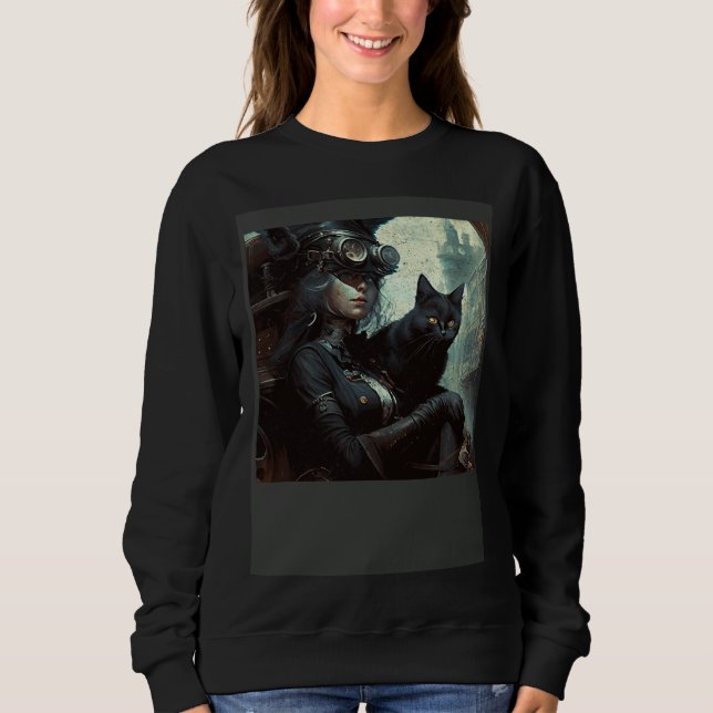 Black Cat Nursing Steampunk Sweatshirt (Vorderseite)