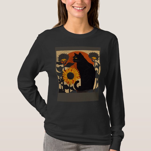 Black Cat Nursing Sunflower T-Shirt (Vorderseite)