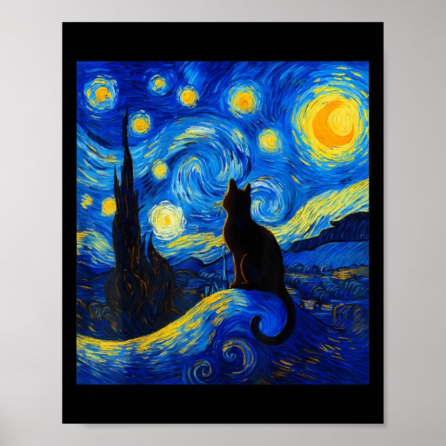 Black Cat On a Starnight - Cat Lover Funny Van Poster (Vorne)