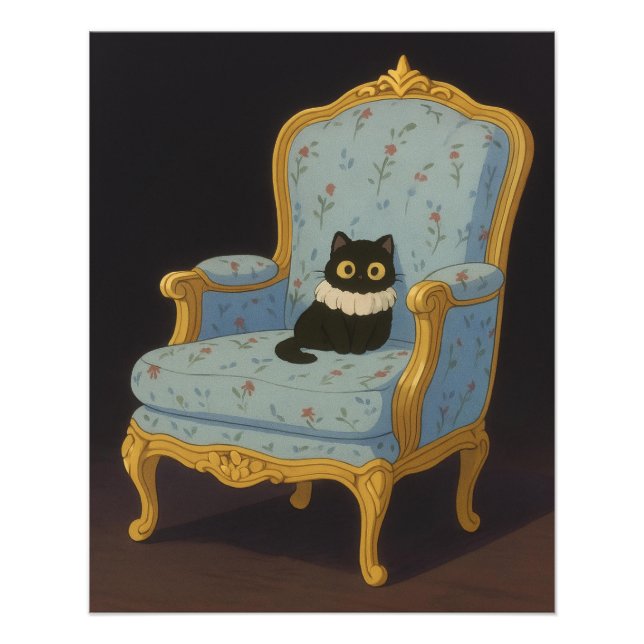 Black Cat on Blue Floral Armchair Fotodruck (Vorne)