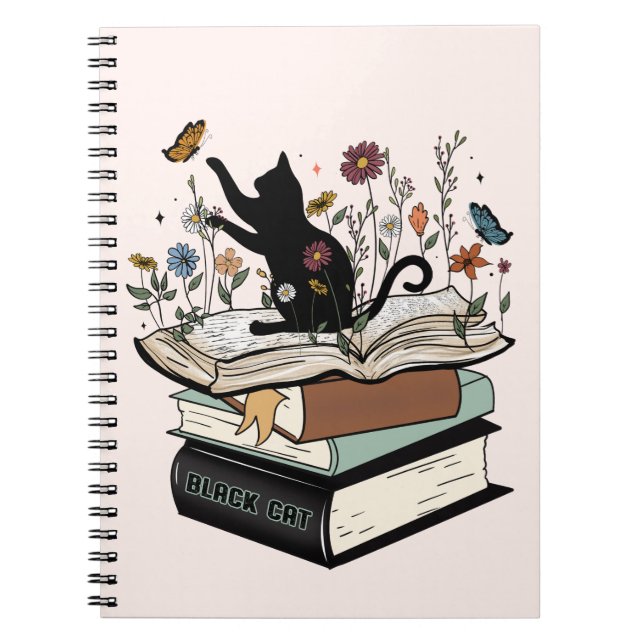 Black Cat on Book Funny Cat Notebook Notizblock (Vorderseite)