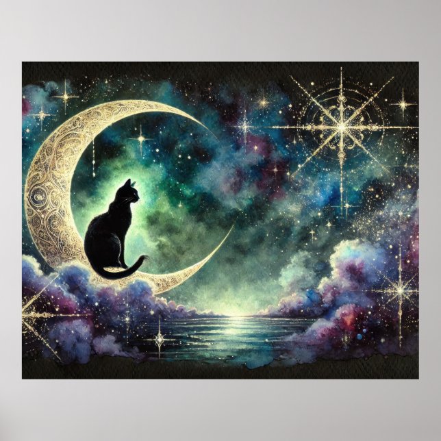 Black Cat on Crescent Moon mit Starry Night Sky Poster (Vorne)