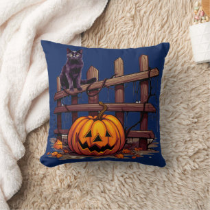 Black Cat on Fence Jack-O' Lantern Halloween Kissen