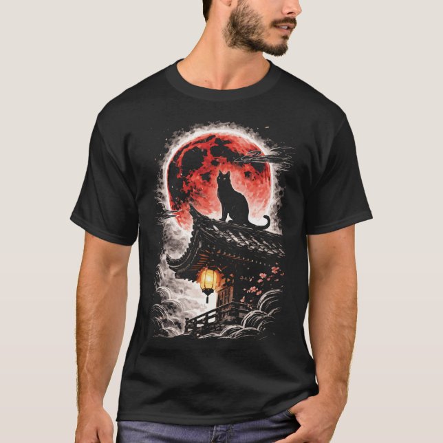 Black Cat on Pagoda Roof, Red Moon - Japanese Art T-Shirt (Vorderseite)