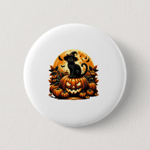 Black Cat On Pumpkin Beängstigende Halloween Black Button