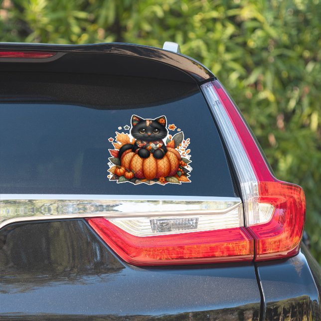 Black Cat on Pumpkin mit Herbst Quilt Muster Aufkleber (Auto Seite)