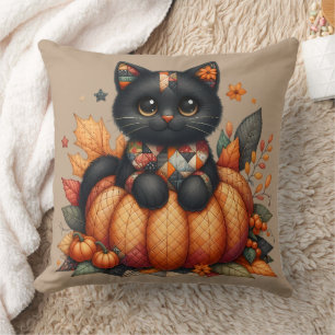 Black Cat on Pumpkin mit Herbst Quilt Muster Kissen