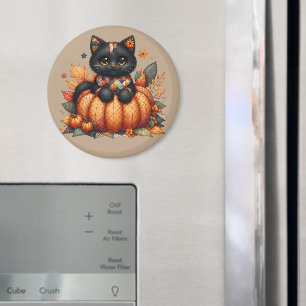 Black Cat on Pumpkin mit Herbst Quilt Muster Magnet