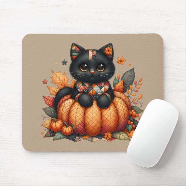 Black Cat on Pumpkin mit Herbst Quilt Muster Mousepad (Mit Mouse)