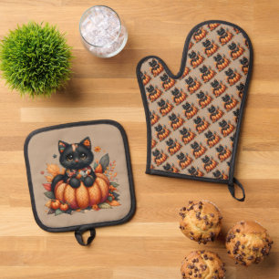 Black Cat on Pumpkin mit Herbst Quilt Muster Ofenhandschuh & Topflappen-Set
