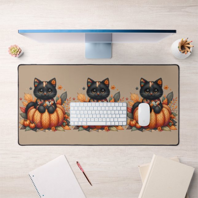 Black Cat on Pumpkin mit Herbst Quilt Muster Schreibtischunterlage (Büro 1)