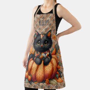 Black Cat on Pumpkin mit Herbst Quilt Muster Schürze