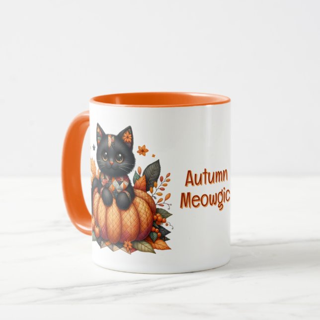 Black Cat on Pumpkin mit Herbst Quilt Muster Tasse (Vorderseite Links)