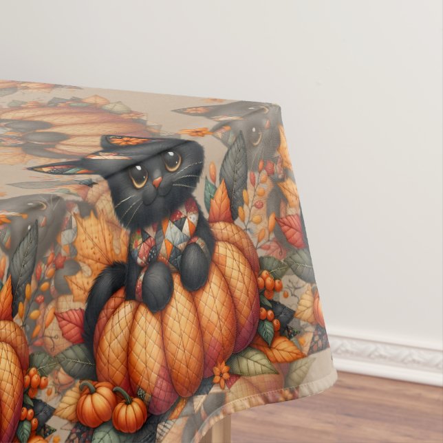 Black Cat on Pumpkin mit Herbst Quilt Muster Tischdecke (Beispiel)