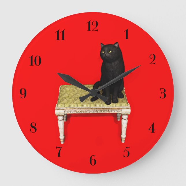 Black cat on the stool round clock große wanduhr (Vorderseite)