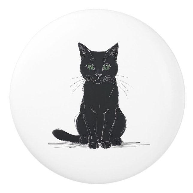 Black cat on white background door pull keramikknauf (Vorderseite)