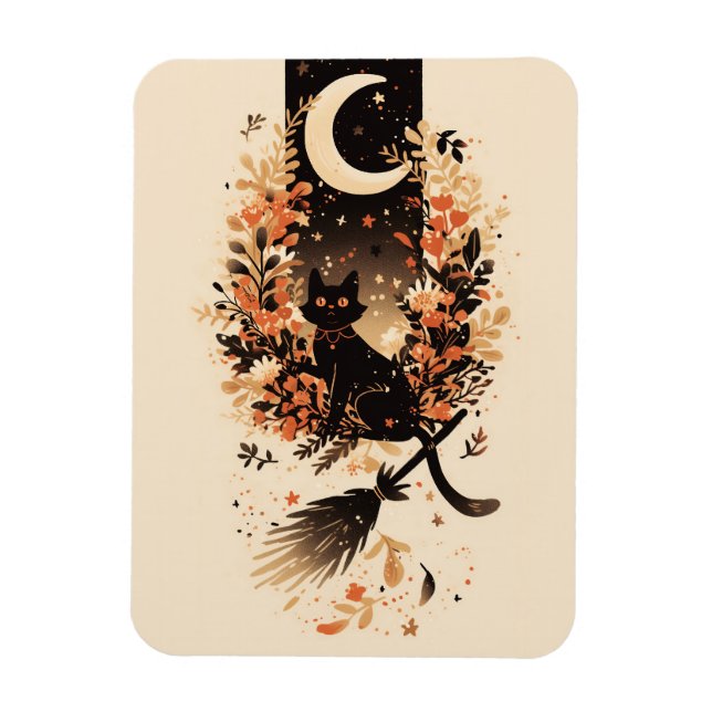 Black Cat on Witch’s Broom Under the Moon Magnet (Vertikal)