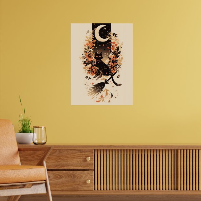 Black Cat on Witch’s Broom Under the Moon Poster (Wohnzimmer 2)