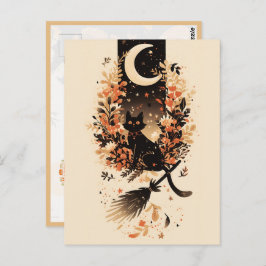 Black Cat on Witch’s Broom Under the Moon Postkarte
