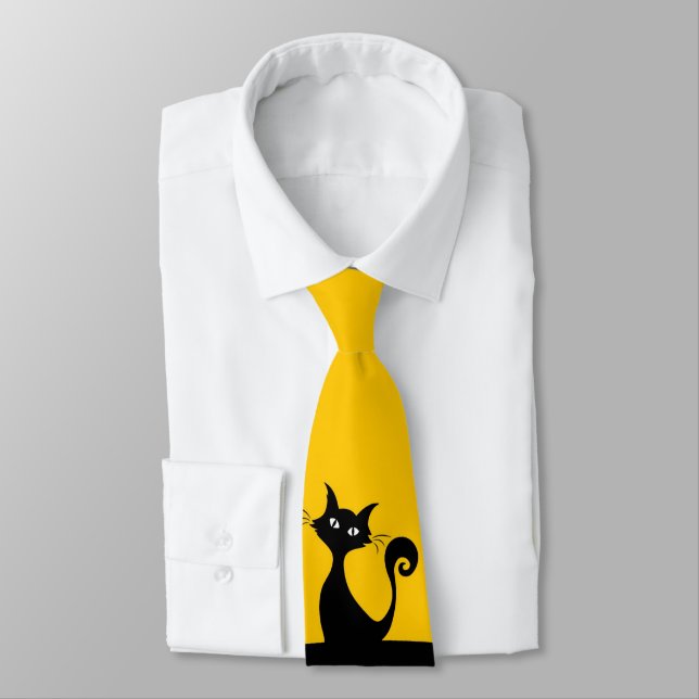 Black Cat on Yellow Sporty Men's Krawatte (Gebunden)