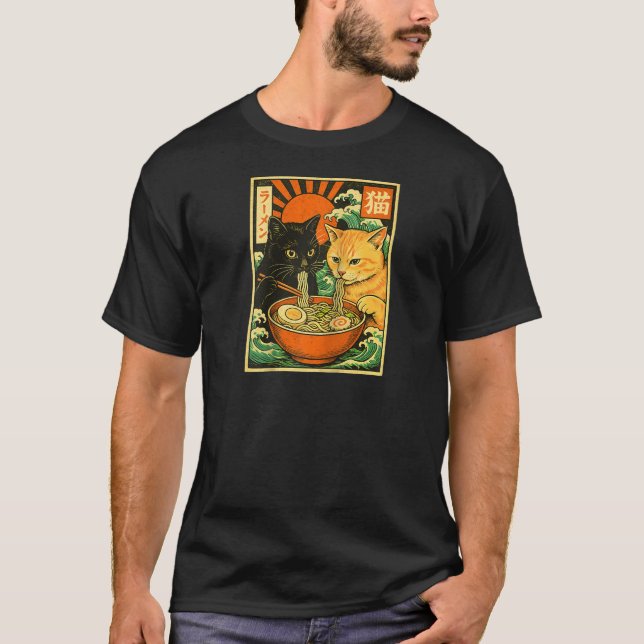 Black Cat Orange Cat Slurping Ramen Japanese Cat R T-Shirt (Vorderseite)
