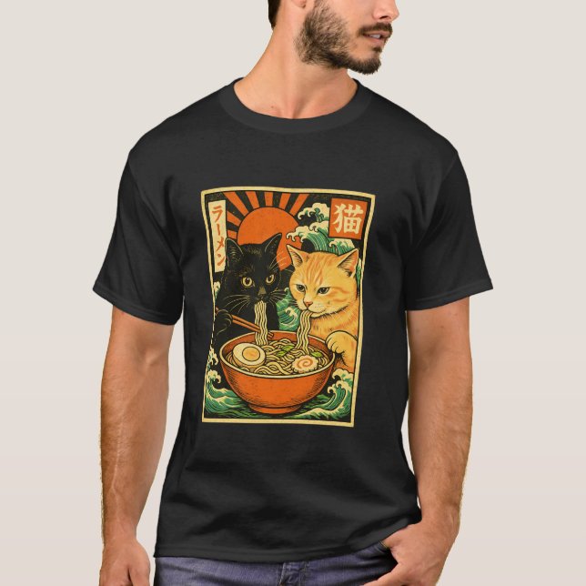 Black Cat Orange Cat Slurping Ramen Japanese Cat R T-Shirt (Vorderseite)