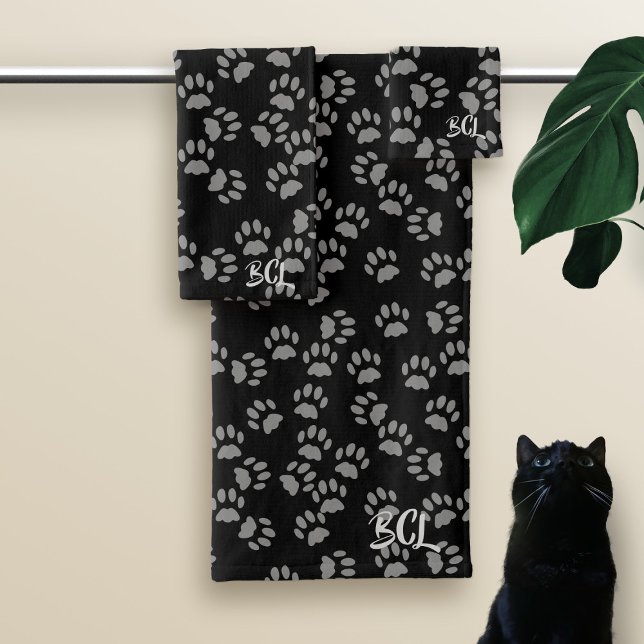 Black Cat Paw Mit Monogramm Bath Handtuch Set druc (Von Creator hochgeladen)